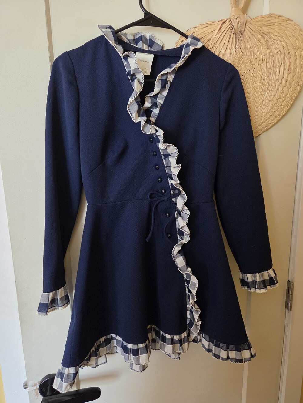 1970's Vintage Navy Mod Dress Gingham Check Plaid Ruffle Edging Cottagecore